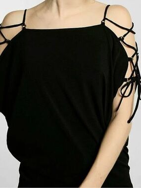 Express black dolman blouse  lace-up lattice cold-shoulder sleeve - BNWT size S